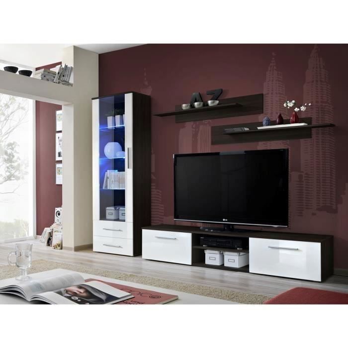 Meuble TV GALINO A design, coloris wengé et blanc brillant. Meuble moderne et tendance pour votre salon. 37 Blanc