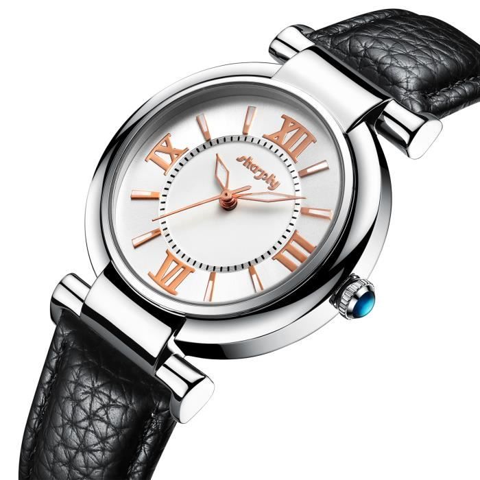 SHARPHY® Montres Femmes 2018 - étanche - chiffres romains - bracelet en cuir Noir