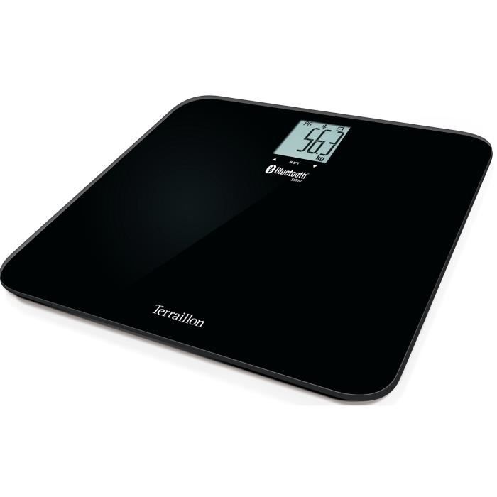 TERRAILLON Pèse personne IMC Connecté - Grand plateau en verre - 8 mémoires - LCD - Noir