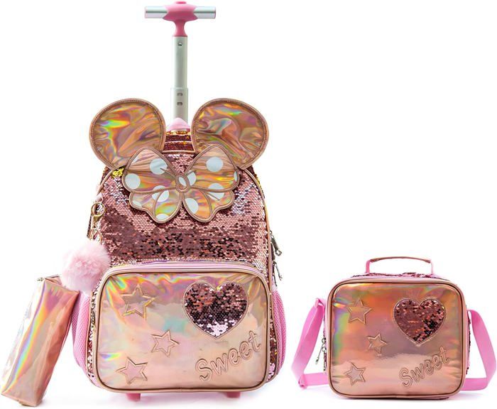 JSMNIAI Cartable à Roulettes Fille Primaire 3 En 1 - Sac à Dos Trolley Avec Trousse Et Sac à Lunch Motif Panda Chat