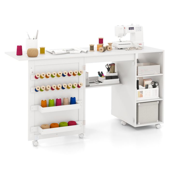 Table Console de Couture Extensible COSTWAY-Pliable-6 Étagères-18 Crochets-6 Roues Universelles-88 x 50 x 78 cm-Blanc Table Console de Couture Extensible COSTWAY-Pliable-6 Étagères-18 Crochets-6 Roues Universelles-88 x 50 x 78 cm-Blanc