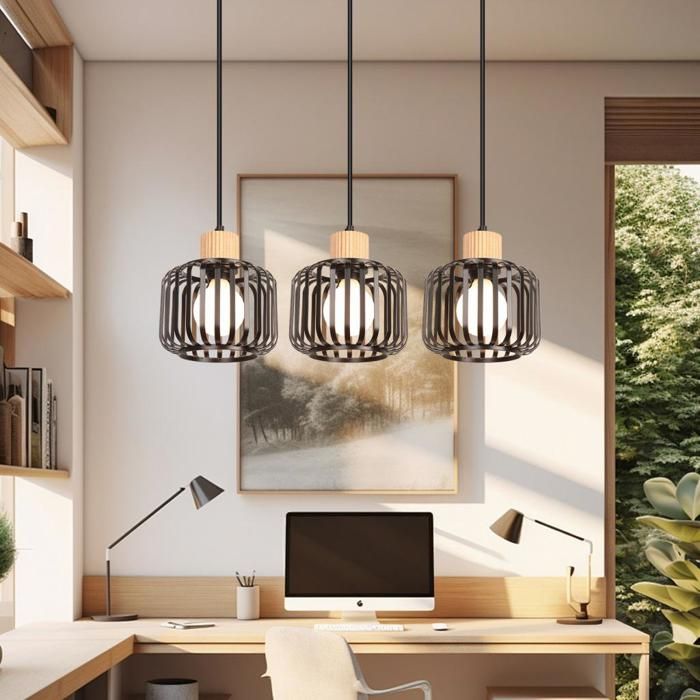 Suspension Luminaire - IDEGU - Rétro en Cage Métal - 3 Ampoules E27 - Max 60W - Noir