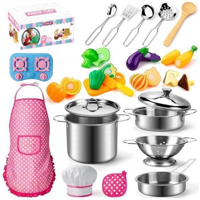 Cuisine Jouet Enfant 17 Pièces - Ustensiles En Acier Inoxydable - Dinette Réaliste Pour Jeu De Rôle Chef - À Partir De 3 Ans