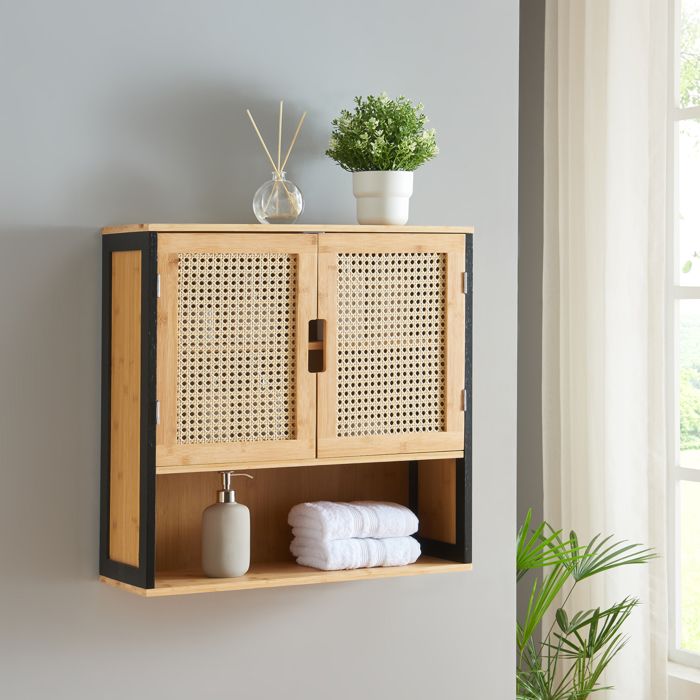 Meuble WC Étagère Toilettes Bambou Et MDF - Rangement Gain De Place Noir Et Bois Naturel