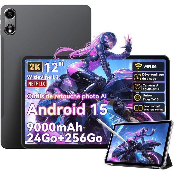 Oscal Pad 100 Tablette Tactile 12 Android 15 2.4G+5G Wifi RAM 24Go ROM 256Go/SD 2To 9000mAh 16MP+8MP Dual SIMMode PC WPS – Gris