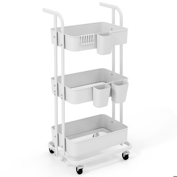 GOPLUS Desserte de Cuisine Roulante Pliable à 3 Niveaux avec 3 Gobelets Suspendus 6 Crochets Roues Verrouillables-45x37x92CM Blanc
