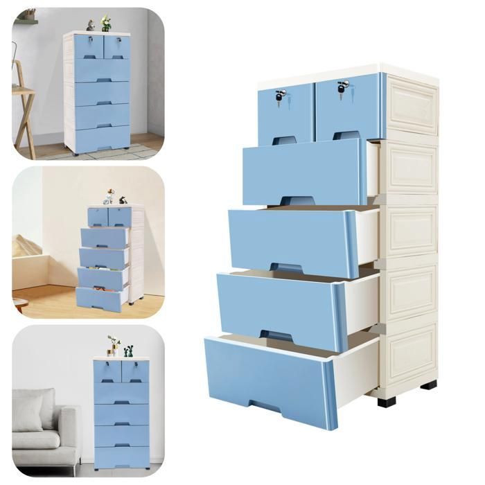 Armoire de Rangement à Tiroirs à 5 Niveaux - Armoire de Chambre en PP - Armoire de Rangement 5 Niveaux - Casier avec Serrure (Bleu)