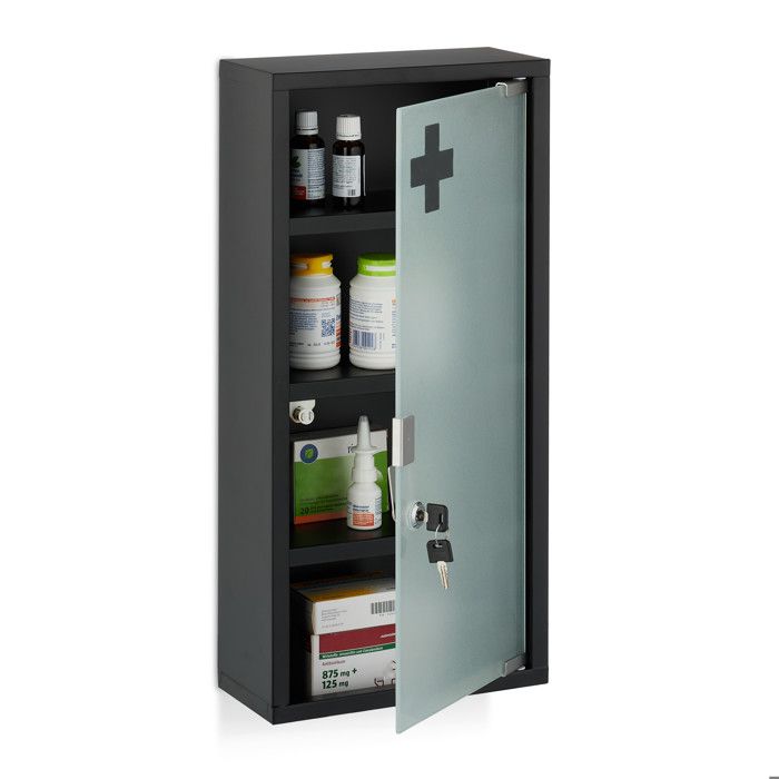 Relaxdays Armoire à pharmacie 4 compartiments mélange de matériaux H x L x P : 57 x 27 x 12 cm noire