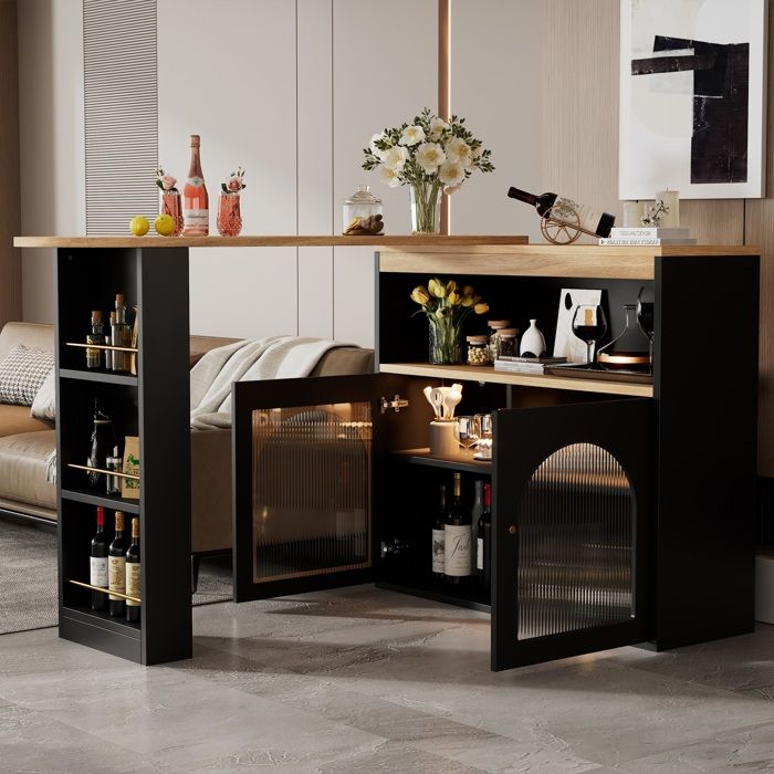 Table de bar extensible 138-193x39x105cm Table Mange debout Table à manger avec Lumière LED 2 Portes 3 Étagères