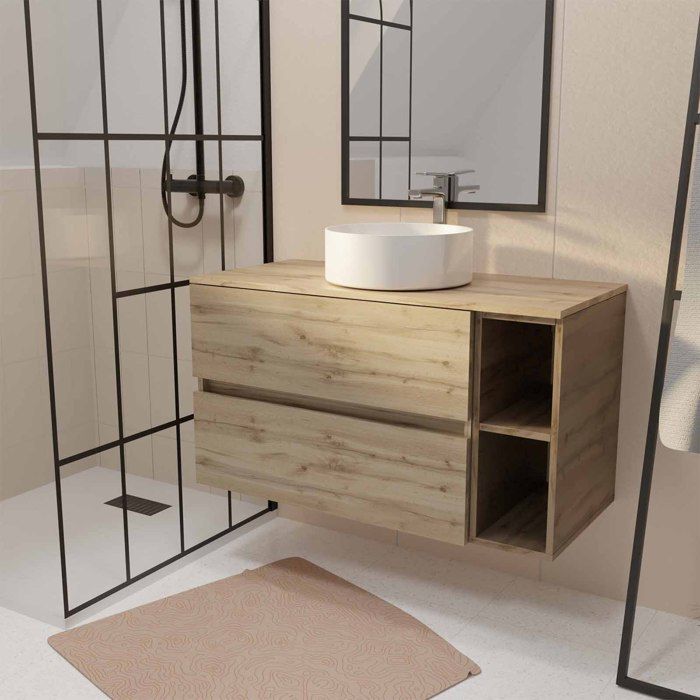 Meuble de salle de bains 100cm TIMBER Décor Chêne 2 Tiroirs et Module - Vasque Ronde Blanche
