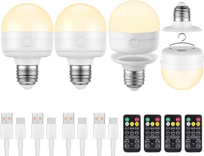 Lot de 4 ampoules LED rechargeables E27 à intensité variable avec crochet caché et télécommande10W3 couleursampoule de batterie