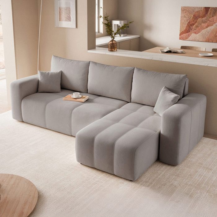 Canapé D'angle Rio Convertible Avec Coffre En Tissu - Angle Gauche Gris Clair