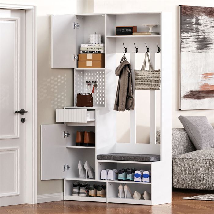Meuble Porte-Manteau et Chaussures avec Banc Vestiaire DEntrée 4 Crochets Meuble Entree Portes et Tiroirs Blanc 100×180×35cm