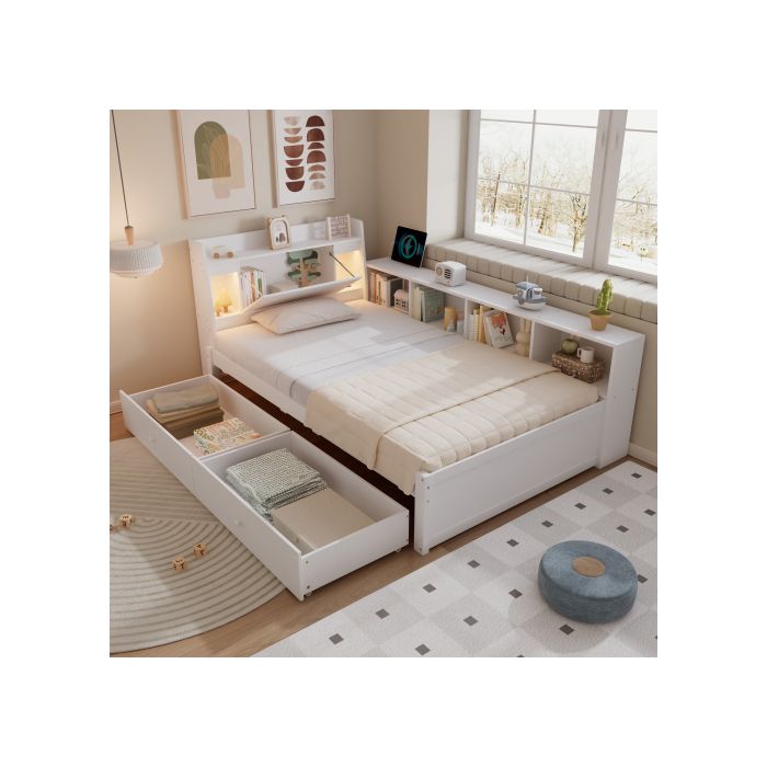 Lit simple - Blanc - 90x200 cm - Tête de lit avec rangement - 2 lampes - Armoire latérale