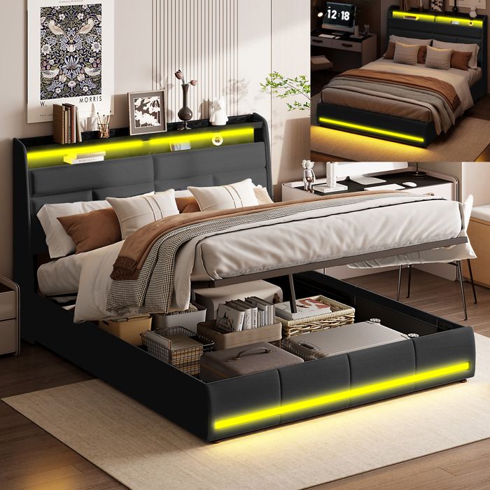 Lit Coffre 160x200 avec Tête de lit Rangement Lit Double rembourré à LED Cadre de Lits avec Sommier à Lattes PU Noir