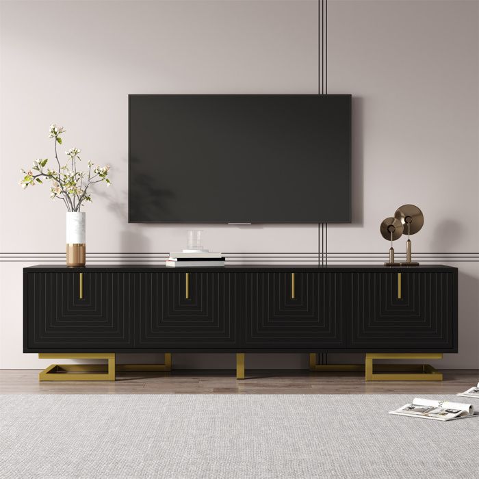 Meuble TV - MODERNLUXE - 160x38x44.5 cm - 4 portes - Pieds dorés - Noir