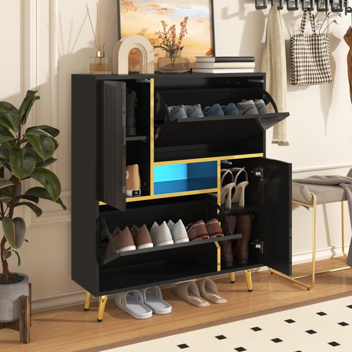 Meuble à chaussures moderne 80x25x96cm - Avec LED - Aspect brillant - Noir