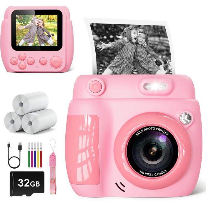 Appareil Photo Instantané Enfant Avec Impression - Caméra Numérique 1080P, écran 2.4", Jeux, MP3, Carte 32Go Incluse