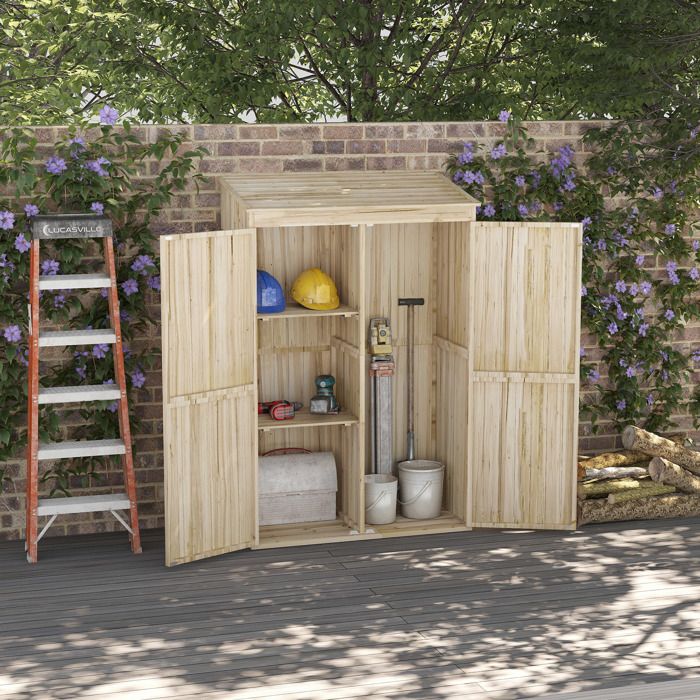 Armoire de jardin armoire de rangement en bois 2 étagères 2 portes toit incliné 120 x 57 x 183 cm bois naturel