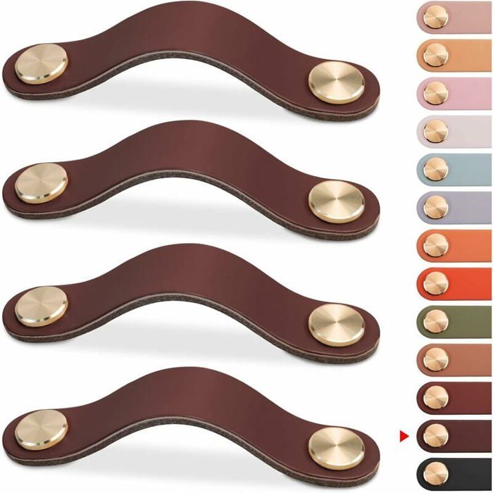 Poignée de meuble en cuir - MICH - 4 pièces - Brun foncé - 96 mm - Cuir de vache - Design vintage - Installation facile