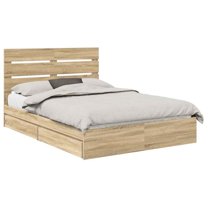 Lit de rangement en bois dingénierie - vidaXL - 160x200 cm - Chêne Sonoma - Tiroirs intégrés - Cadre à lattes