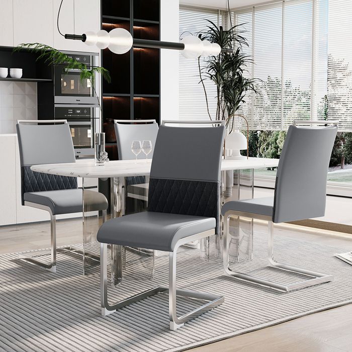 Lot de 4 chaises de salle à manger - Dossier haut - Assise rembourrée en cuir synthétique PU - Structure en métal - Gris