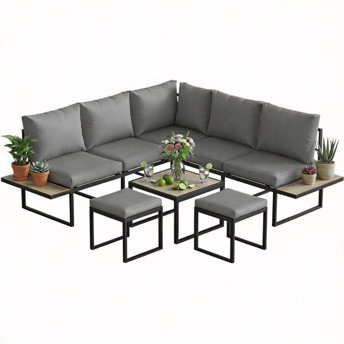 Salon de jardin extérieur - Outsunny - 6 personnes modulable avec table basse et plateaux latéraux en bois PSPC - gris