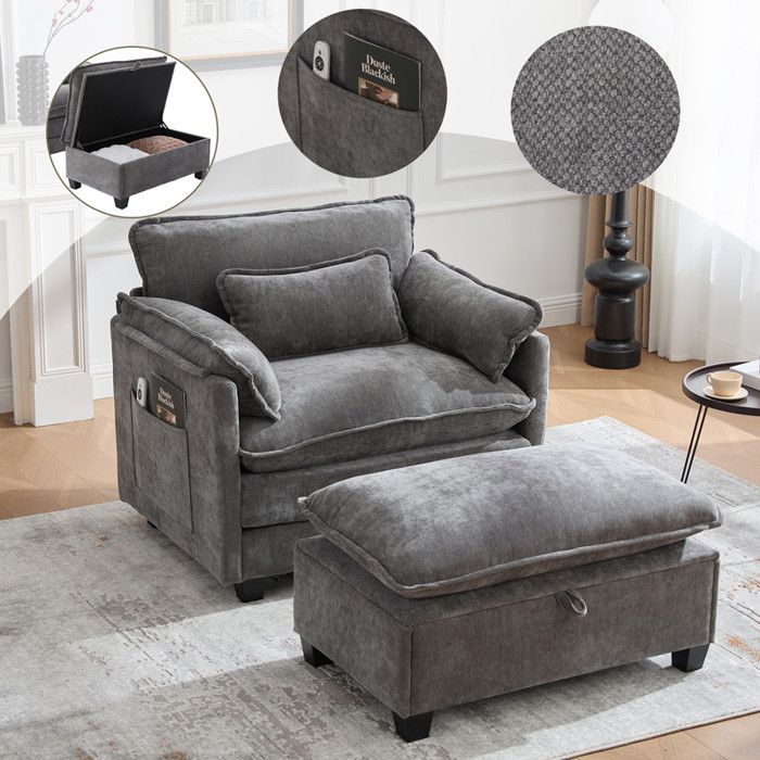 Fauteuil 103x85x91 cm avec repose-pieds - Fauteuil de détente en velours - Fauteuil de lecture confortable - Pour le salon - Gris