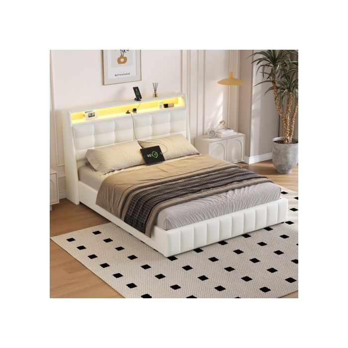Lit Coffre - SOGEU - 160x200 - LED 7 couleurs - Ports USB intégrés - Sommier inclus