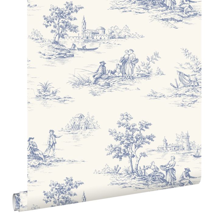 Papier peint toile de jouy bleu et blanc - 50 x 900 cm - ESTAhome
