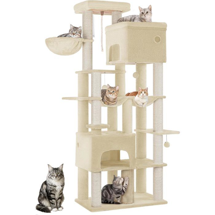 Arbre à Chat XXL Grand Tour à Chat de 185 cm de Haut avec 10 Griffoirs 2 Plateformes Géantes 2 Niches 2 HamacsBeige