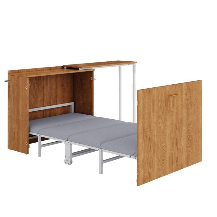 Lit escamotable 90x200cm sur roulettes + bureau pivotant avec matelas gain de place chambre & bureauNaturel
