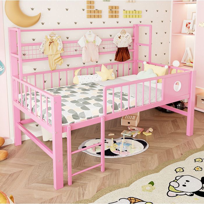 Lit Mezzanine Bas Enfant avec Barrières et Rangement - TCQPZ - Tringle et Étagère Filet en Métal Rose 90 × 200 cm