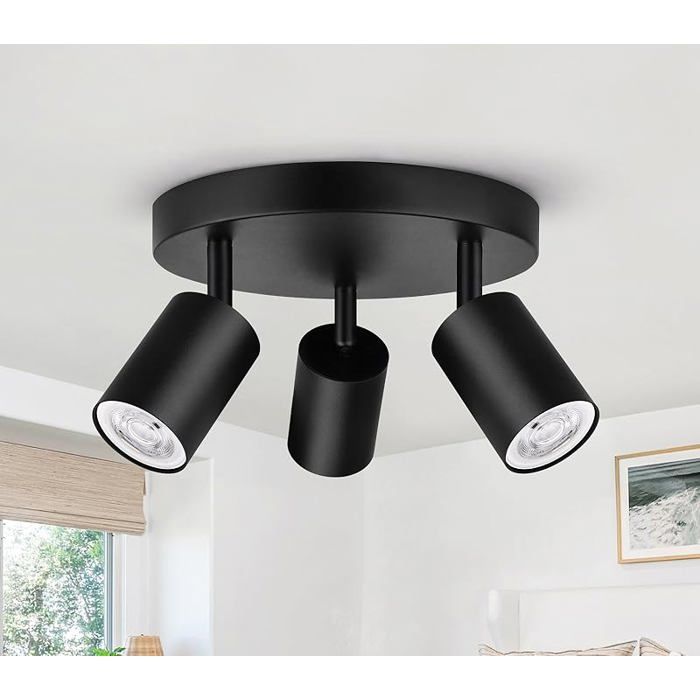 Spot LED 3 têtes orientables noir pour plafonnier GU10 rampe ronde