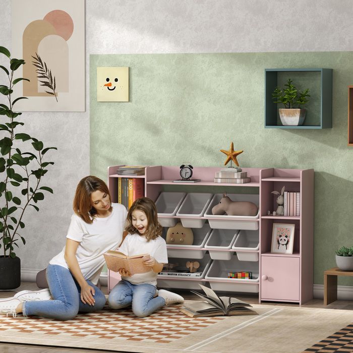 Étagère de rangement enfant pour jouets et livres rose 8 boîtes amovibles pour rangement organisé