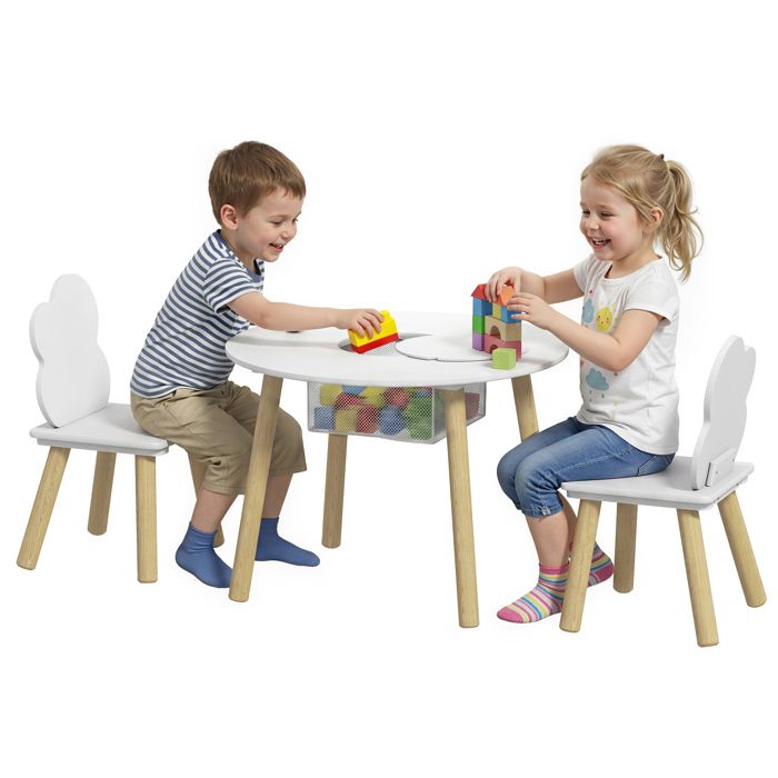 Ensemble table et chaises enfant - AIYAPLAY - trois pièces - avec sac de rangement - bois - 60x60x44cm - blanc