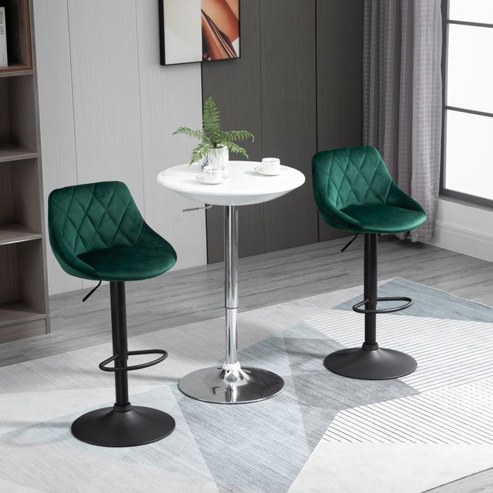 Tabourets de cuisine velours vert réglables avec dossier et repose-pieds structure métal 46x48x83-104 cm