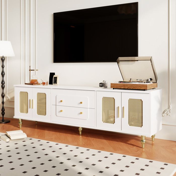 Meuble TV 175 cm style rétro blanc avec 4 portes aspect rotin 2 tiroirs push-to-open et pieds dorés