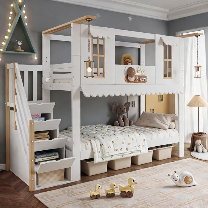 Lit mezzanine enfant avec escalier-coffre pin massif et MDF blanc doux et naturel 90x200 cm