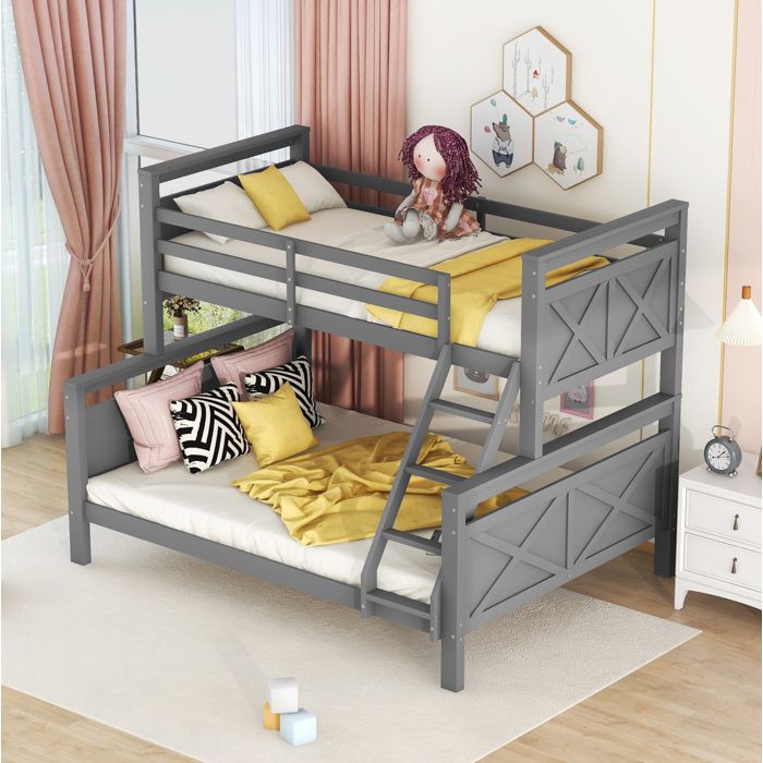 Lit superposé EVRYAE 90x200 et 140x200 convertible 2 lits séparés avec échelle inclinée et garde-corps gris