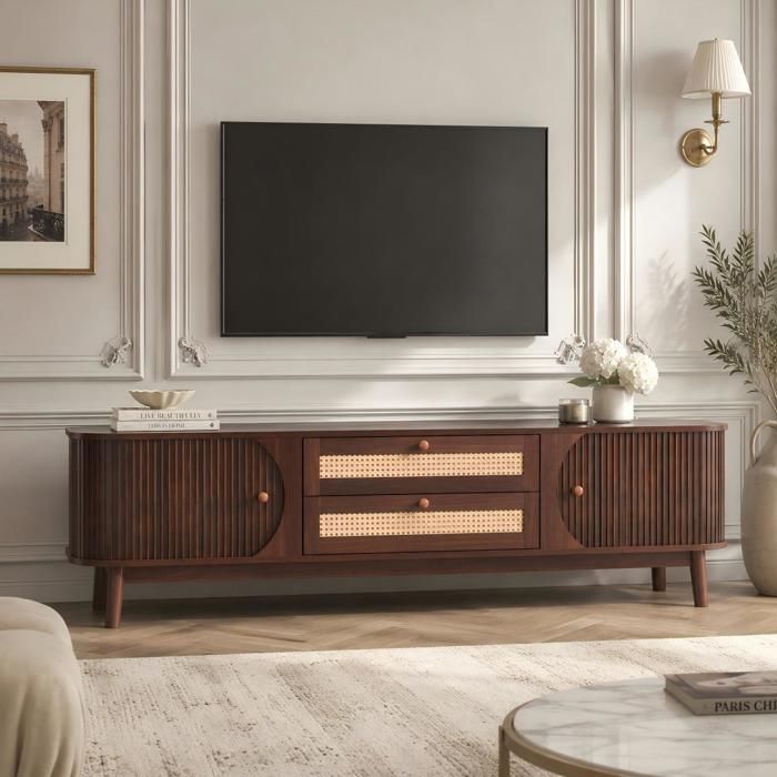 Meuble TV Rotin 170 cm COZHYESS Meuble TV Bas Effet Bois avec Portes et Tiroirs Grand Rangement pour TV 50-59 Pouces - Naturel MDF