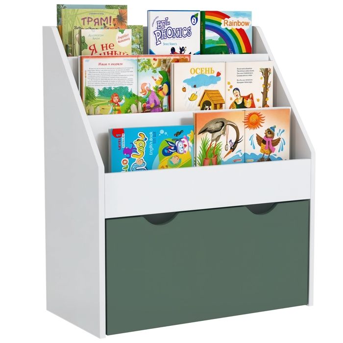 Bibliothèque enfant avec 3 étagères et 1 tiroir - MDF - Vert - 625 x 30 x 70 cm - T1003-01-09959