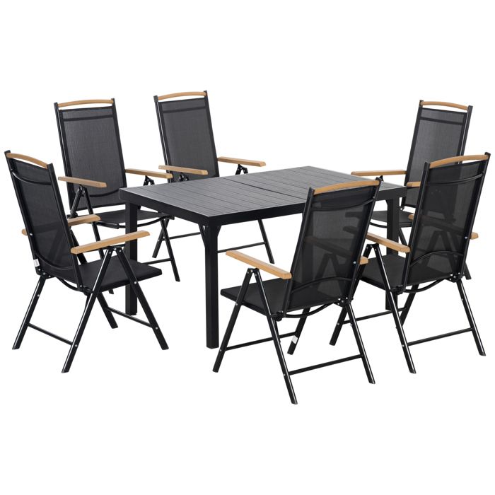 Ensemble de jardin pliant - Table 140x90 + 6 chaises - Dossiers réglables 7 positions - Structure aluminium - Plateau effet bois