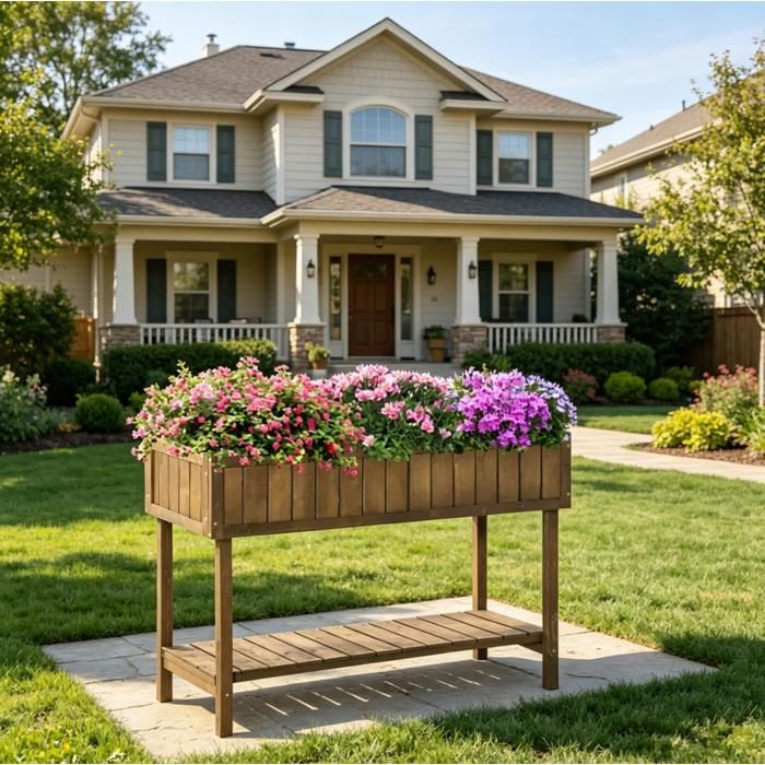 Jardinière surélevée en bois de sapin marron 110 x 46 x 76 cm bac potager extérieur avec étagère VEVXYN