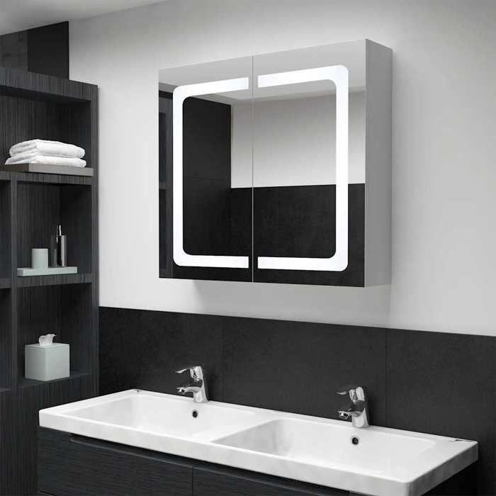 Blanc Armoire de salle de bain à miroir LED 80x12 2x68 cm - Meuble Rangement LV26365