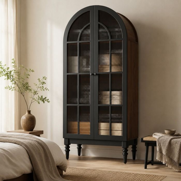 Modenuit vitrine haute 76 x 165 cm à 2 portes vitrées design arche MDF et verre noir aspect bois
