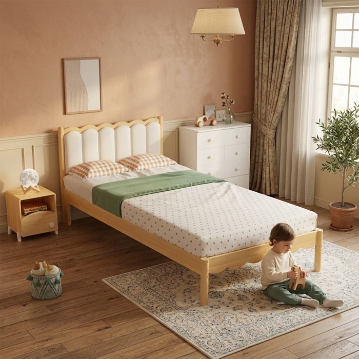 Lit enfant en bois massif avec tête de lit en PU 90x200cm beige