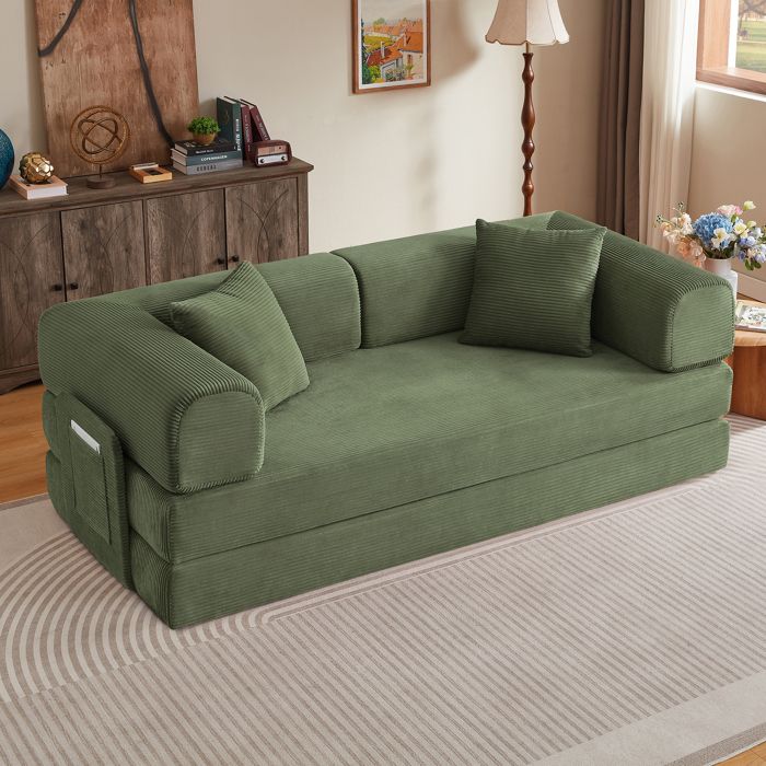 Canapé Convertible 2 Places en Velours Côtelé - Canapé Lit Pliable Modulaire avec Poche de Rangement et Coussins - Vert