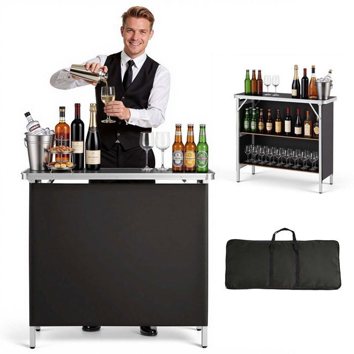 Table de Bar Pliable Portable 980x385x870 mm 2 Étagères de Rangement et Jupe Amovible Comptoir de Bar Mobile pour Événements