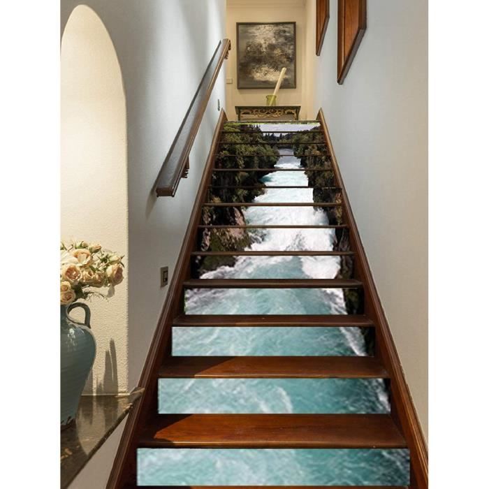 Autocollants Escalier 3D Cascade Fleurs Poissons - 15 Marches, Facile à Poser, Décor Original Pour Entrée Ou Intérieur